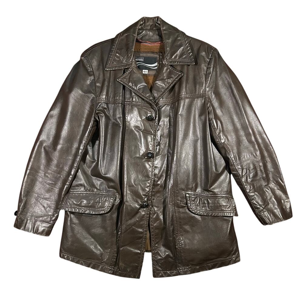 Vintage Montgomery Ward Brown Brown Leather Jacket With Liner Mens Size 40